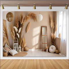 Lofaris Modern Boho Interior Photography Backdrop, Pampas Grass and Lantern Photo Background