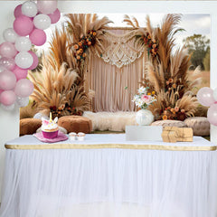 Lofaris Boho Macrame Arch Photography Backdrop, Pampas Grass and Cushion Photo Background