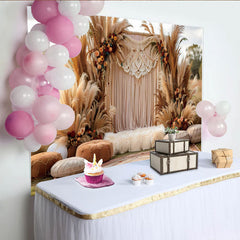 Lofaris Boho Macrame Arch Photography Backdrop, Pampas Grass and Cushion Photo Background