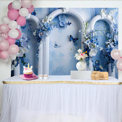 Lofaris Blue Floral Dream Fine Art Backdrop, White Ornate Arch and Butterfly Photography Background