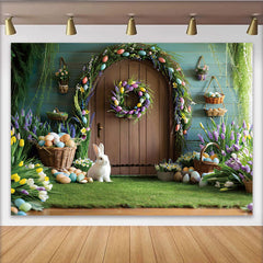 Lofaris Easter Garden Door Photo Backdrop, Bunny and Colorful Eggs Photo Background