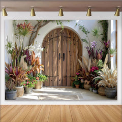 Lofaris Mediterranean Villa Garden Photography Backdrop, Tropical Plants and Door Photo Background