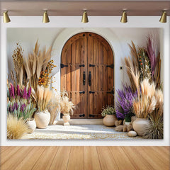Lofaris Lavender and Pampas Door Photography Backdrop, Rustic Garden Entrance Photo Background