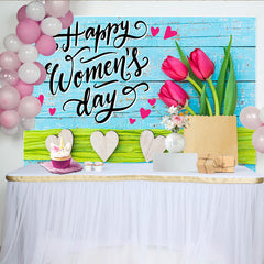 Lofaris Happy Womens Day Tulip Photography Backdrop, Blue Wood and Hearts Photo Background