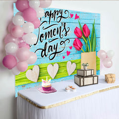 Lofaris Happy Womens Day Tulip Photography Backdrop, Blue Wood and Hearts Photo Background