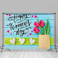 Lofaris Happy Womens Day Tulip Photography Backdrop, Blue Wood and Hearts Photo Background