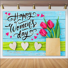 Lofaris Happy Womens Day Tulip Photography Backdrop, Blue Wood and Hearts Photo Background