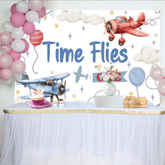 Lofaris Time Flies First Birthday Photography Backdrop, Vintage Airplane and Cloud Photo Background
