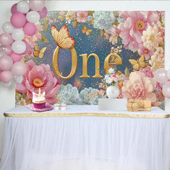 Lofaris Floral First Birthday Photography Backdrop, Golden ONE and Pink Peony Photo Background