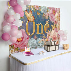 Lofaris Floral First Birthday Photography Backdrop, Golden ONE and Pink Peony Photo Background