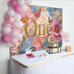 Lofaris Enchanted Garden First Birthday Photography Backdrop, Golden ONE and Peony Photo Background