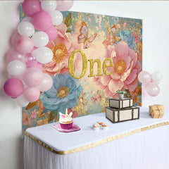 Lofaris Pink Peony First Birthday Photography Backdrop, Glitter ONE and Blue Floral Photo Background