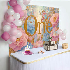 Lofaris Dreamy Floral First Birthday Photography Backdrop, Golden ONE and Rose Photo Background