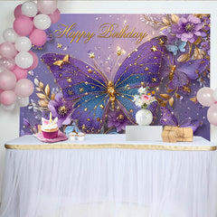 Lofaris Purple Butterfly Birthday Photography Backdrop, Gold Stars and Floral Photo Background