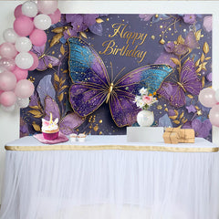 Lofaris Purple Butterfly Gold Sparkle Birthday Backdrop, Floral and Butterfly Photography Background