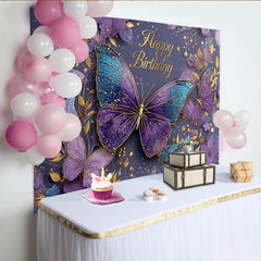 Lofaris Purple Butterfly Gold Sparkle Birthday Backdrop, Floral and Butterfly Photography Background