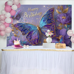 Lofaris Magical Blue and Purple Butterfly Birthday Backdrop, Floral Sparkle Photography Background