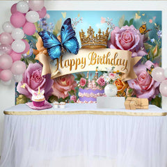 Lofaris Blue Butterfly Birthday Backdrop, Gold Crown Floral Background, Princess Cake Table Photography Prop
