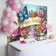 Lofaris Blue Butterfly Birthday Backdrop, Gold Crown Floral Background, Princess Cake Table Photography Prop