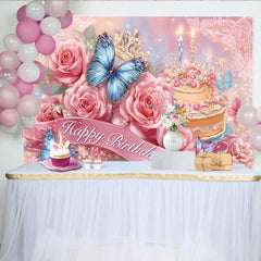Lofaris Pink Rose Birthday Backdrop, Blue Butterfly Cake Background, Floral Princess Party Decoration Prop
