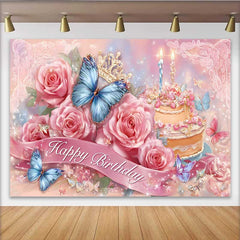 Lofaris Pink Rose Birthday Backdrop, Blue Butterfly Cake Background, Floral Princess Party Decoration Prop