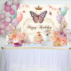 Lofaris Vintage Floral Birthday Backdrop, Pastel Balloon Butterfly Background, Sketch Art Cake Table Photo Prop