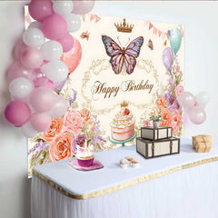 Lofaris Vintage Floral Birthday Backdrop, Pastel Balloon Butterfly Background, Sketch Art Cake Table Photo Prop