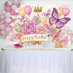 Lofaris Watercolor Butterfly Birthday Backdrop, Pink Floral Gold Crown Background, Girl Princess Party Prop