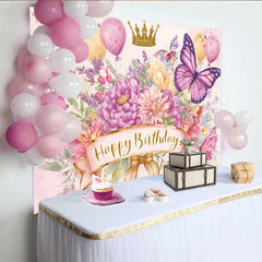 Lofaris Watercolor Butterfly Birthday Backdrop, Pink Floral Gold Crown Background, Girl Princess Party Prop