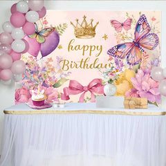 Lofaris Heart Balloon Birthday Backdrop, Watercolor Butterfly Crown Background, Sweet Girl Party Photography Prop