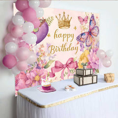 Lofaris Heart Balloon Birthday Backdrop, Watercolor Butterfly Crown Background, Sweet Girl Party Photography Prop
