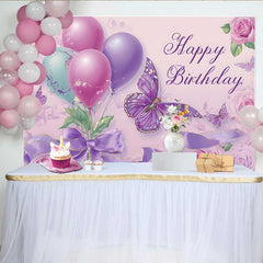 Lofaris Purple Butterfly Birthday Backdrop, Elegant Balloon Rose Background, Girl Sweet 16 Party Photo Prop