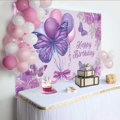 Lofaris Purple Sketch Birthday Backdrop, Butterfly Balloon Floral Background, Vintage Drawing Art Party Prop