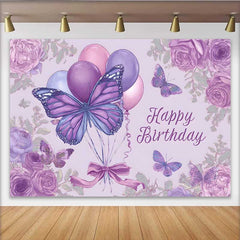 Lofaris Purple Sketch Birthday Backdrop, Butterfly Balloon Floral Background, Vintage Drawing Art Party Prop