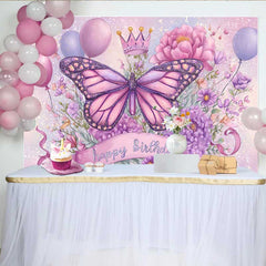 Lofaris Sparkle Butterfly Birthday Backdrop, Purple Pink Floral Crown Background, Magic Princess Party Photo Prop