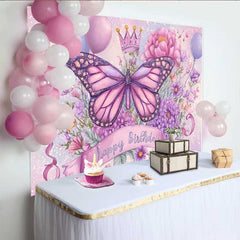 Lofaris Sparkle Butterfly Birthday Backdrop, Purple Pink Floral Crown Background, Magic Princess Party Photo Prop