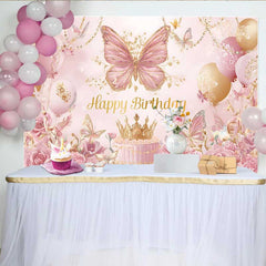 Lofaris Pink Gold Butterfly Backdrop, Luxury Crown Cake Background, Royal Princess Birthday Party Prop