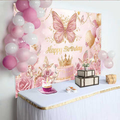 Lofaris Pink Gold Butterfly Backdrop, Luxury Crown Cake Background, Royal Princess Birthday Party Prop
