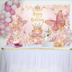 Lofaris Pink Floral Butterfly Birthday Backdrop, Princess Crown Cake Table Banner, Girl Bday Party Decoration