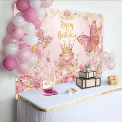 Lofaris Pink Floral Butterfly Birthday Backdrop, Princess Crown Cake Table Banner, Girl Bday Party Decoration