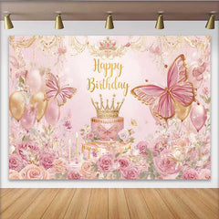 Lofaris Pink Floral Butterfly Birthday Backdrop, Princess Crown Cake Table Banner, Girl Bday Party Decoration