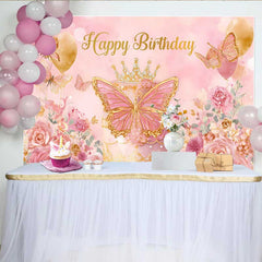 Lofaris Pink and Gold Butterfly Birthday Backdrop, Princess Crown Cake Smashed Background, Floral Party Decoration