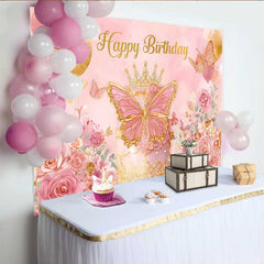 Lofaris Pink and Gold Butterfly Birthday Backdrop, Princess Crown Cake Smashed Background, Floral Party Decoration