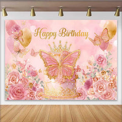 Lofaris Pink and Gold Butterfly Birthday Backdrop, Princess Crown Cake Smashed Background, Floral Party Decoration