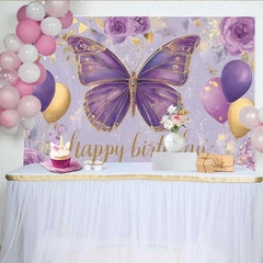 Lofaris Purple and Gold Butterfly Birthday Backdrop, Floral Balloon Party Background, Girl Bday Cake Table Banner