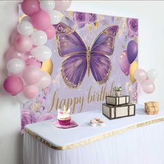 Lofaris Purple and Gold Butterfly Birthday Backdrop, Floral Balloon Party Background, Girl Bday Cake Table Banner