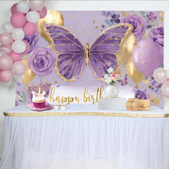 Lofaris Purple Floral Butterfly Birthday Backdrop, Gold Balloon Party Background, Girl Cake Smash Photography Prop