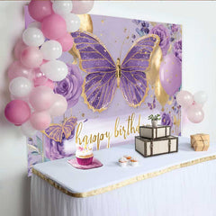 Lofaris Purple Floral Butterfly Birthday Backdrop, Gold Balloon Party Background, Girl Cake Smash Photography Prop