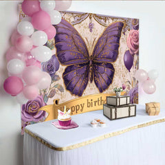 Lofaris Vintage Purple Butterfly Birthday Backdrop, Floral Gold Banner Party Background, Girl Princess Photo Prop