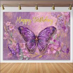 Lofaris Purple Fantasy Butterfly Birthday Backdrop, Floral Magical Party Background, Girl Cake Smash Photography Prop